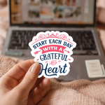Start Each Day With A Grateful Heart Stickers | Motivational sticker pack, designed with a clean matte look, suitable for notebooks, planners, journals, laptops, phone cases and scrapbooks, making a thoughtful small gift for loved ones.