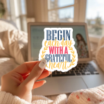 Begin Each Day With A Grateful Heart Stickers | Faith sticker set, made with clear, crisp lettering, great for journals, planners, laptops, phone cases, notebooks and craft pages, bringing subtle motivation to creative spaces.