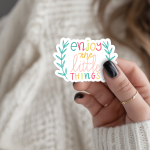 Enjoy The Little Things Stickers | Inspirational mini decal pack, printed with a neat and refined appearance, great for journals, planners, laptops, phone cases, notebooks and craft pages, supporting personal reflection through simple visuals.