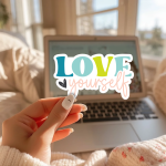 Love Yourself Stickers | Kindness quote sticker set, printed with a neat and refined appearance, suitable for notebooks, planners, journals, laptops, phone cases and scrapbooks, supporting personal reflection through simple visuals.