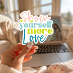 Show Yourself More Love Stickers | Gratitude sticker collection, crafted with attention to detail, suitable for notebooks, planners, journals, laptops, phone cases and scrapbooks, supporting personal reflection through simple visuals.