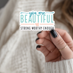 You Are Beautiful Strong Worthy Enough Stickers | Faith sticker set, printed with a neat and refined appearance, suitable for notebooks, planners, journals, laptops, phone cases and scrapbooks, supporting personal reflection through simple visuals.