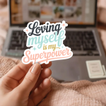 Loving Myself Is My Superpower Stickers | Gratitude sticker pack, crafted with attention to detail, suitable for notebooks, planners, journals, laptops, phone cases and scrapbooks, adding gentle encouragement to daily routines.