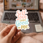 Self-Love Looks Good On Me Stickers | Gratitude sticker pack, printed with a neat and refined appearance, perfect for journals, planners, laptops, notebooks, phone cases and creative projects, supporting personal reflection through simple visuals.