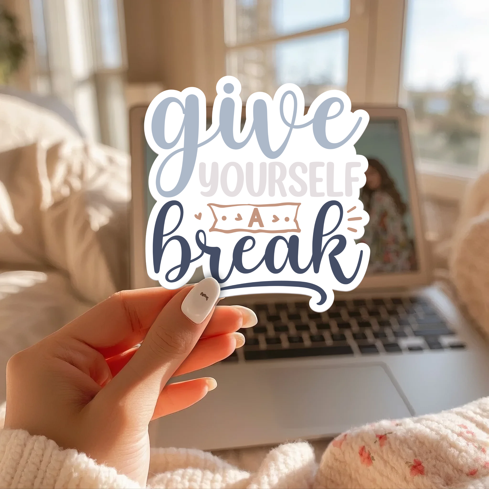 20251006070003-1f0a2821-5374-6246-b831-6672b3984e82.png Give Yourself A Break Stickers | Inspirational quote sticker set, crafted with attention to detail, ideal for planners, journals, notebooks, laptops, phone cases and scrapbooks, making a thoughtful small gift for loved ones. - Image 1