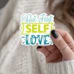 But First Self Love Stickers | Gratitude sticker set, finished with smooth detailed printing, perfect for journals, planners, laptops, notebooks, phone cases and creative projects, bringing subtle motivation to creative spaces.