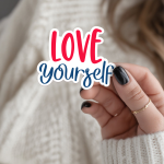 Love Yourself Stickers | Inspirational quote sticker set, finished with smooth detailed printing, perfect for journals, planners, laptops, notebooks, phone cases and creative projects, supporting personal reflection through simple visuals.