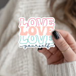 Love Love Love Yourself Stickers | Gratitude quote sticker set, made with clear, crisp lettering, great for journals, planners, laptops, phone cases, notebooks and craft pages, bringing subtle motivation to creative spaces.
