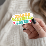 Strong, Confident, Loved Stickers | Faith mini decal pack, made with clear, crisp lettering, ideal for planners, journals, notebooks, laptops, phone cases and scrapbooks, adding gentle encouragement to daily routines.