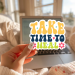 Take Time To Heal Stickers | Kindness sticker set, finished with smooth detailed printing, suitable for notebooks, planners, journals, laptops, phone cases and scrapbooks, supporting personal reflection through simple visuals.