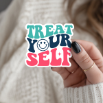 Treat Yourself Stickers | Motivational quote sticker set, designed with a clean matte look, great for journals, planners, laptops, phone cases, notebooks and craft pages, making a thoughtful small gift for loved ones.