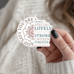 God Says You Are Uniwue Special Lovely Precious Strong Chosen Forgiven Stickers | Gratitude sticker pack, made with clear, crisp lettering, ideal for planners, journals, notebooks, laptops, phone cases and scrapbooks, bringing subtle motivation to creative spaces.