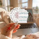 God Says You Are Uniwue Special Lovely Precious Strong Chosen Forgiven Stickers | Gratitude sticker pack, made with clear, crisp lettering, ideal for planners, journals, notebooks, laptops, phone cases and scrapbooks, bringing subtle motivation to creative spaces. - Image 2